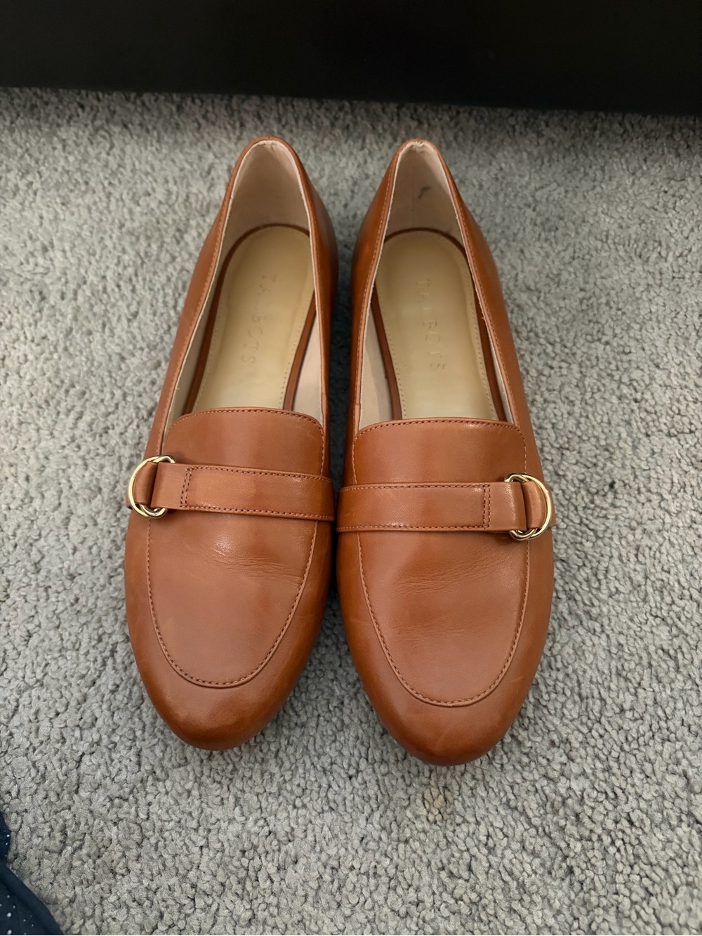 Talbots Cognac Leather Penny Loafers with Gold Buckle